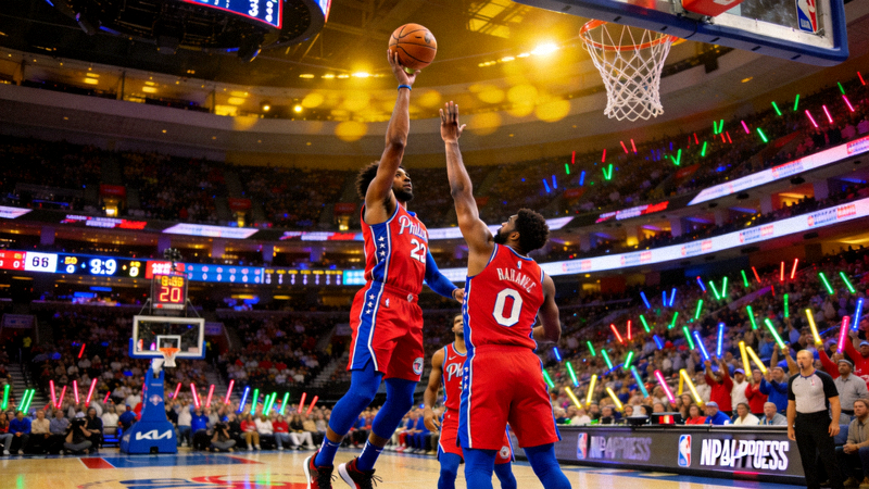 NBA季后赛直播现场，篮球运动员在场上激烈对抗，观众席座无虚席